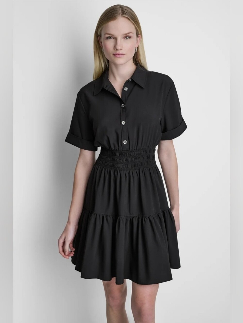 NEW DKNY MINI Button Up Shortsleeve SHIRT DRESS - SMALL , BLACK
